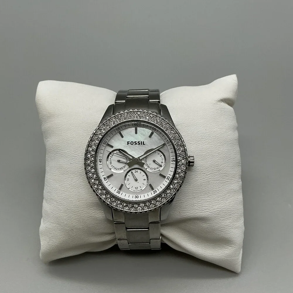 Fossil PR5414 Womens Watch 38mm MOP Dial Silver Tone Crystals New Battery 7.25